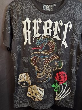 Original REBEL VENGEANCE Black Cotton T Shirt ' Skull Snake Rose Size Large